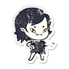 distressed sticker of a cartoon friendly vampire girl pointing
