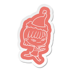 cartoon  sticker of a woman wearing santa hat