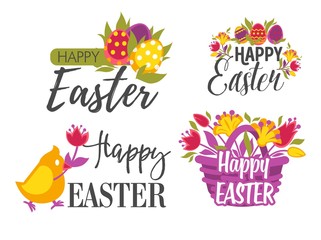 Set of Easter greeting logos or labels with eggs