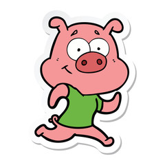 sticker of a happy cartoon pig running