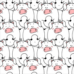 Vector seamless pattern with hand-drawn funny cute fat animals. Silhouettes of animals on a white background. Fun texture with pigs. Design concept for children print