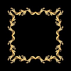 Golden baroque seamless frame. Classic pattern with abstract leaves, isolated on black