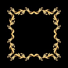 Golden baroque seamless frame. Classic pattern with abstract leaves, isolated on black
