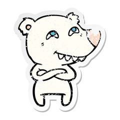 distressed sticker of a cartoon polar bear showing teeth