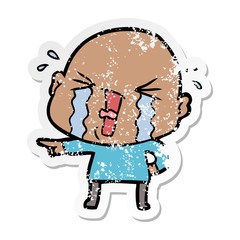 distressed sticker of a cartoon crying bald man