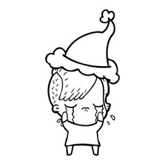 line drawing of a crying girl wearing santa hat