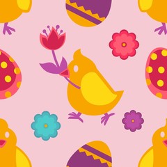 Eggs and birds chicken and flowers Easter seamless pattern