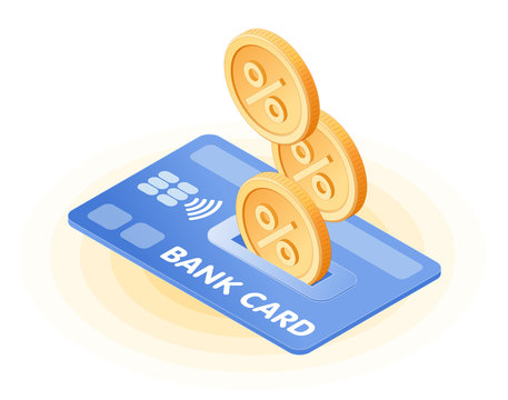 The cash back to a credit card. Flat isometric illustration of coins with percentage sign are dropping into bank card. The refund money service, bank deposit profit, income, cashback vector concept.