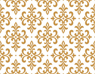 Wallpaper in the style of Baroque. Seamless vector background. White and gold floral ornament. Graphic pattern for fabric, wallpaper, packaging. Ornate Damask flower ornament