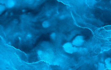 Water color ink painted cosmic neon light blue watercolor background. Paper textured aquarelle deep black canvas for creative design. Thunder storm lightning night sky texture multicolor illustration