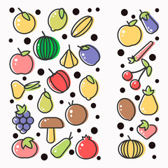 Organic fruits and berries harvest poster of fresh apple and mango or pineapple, natural pear, grape and tropical banana.