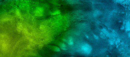 Cosmic neon polar lights watercolor background. Creative blue and green shades hand drawn multicolor texture water color paint illustration. Paper textured aquarelle canvas for modern creative design © KatMoy