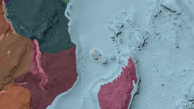 Comoros area presented against the global administrative map in the Fahey projection with animated oblique transformation