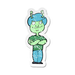 retro distressed sticker of a cartoon space alien