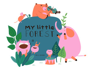 Cute Animals Bear, Elephant, Mouse and Frogs happy in Garden pattern. Vector illustration.
