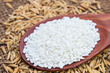 Raw peeling paddy rice on wooden table 