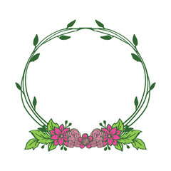 Vector illustration circular frame pink flower and green leaf hand drawn