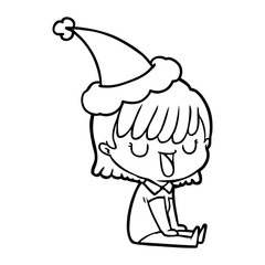 line drawing of a woman wearing santa hat
