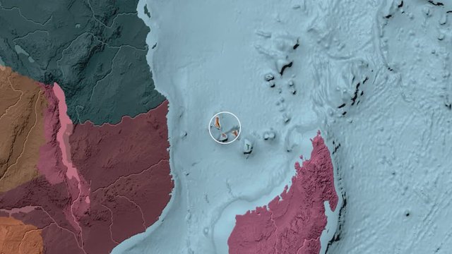 Comoros area presented against the global administrative map in the Kavrayskiy VII projection with animated oblique transformation