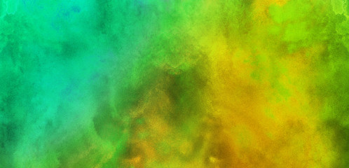 Grunge cosmic neon green, yellow and orange lights watercolor background. Paper textured aquarelle...