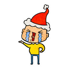 textured cartoon of a crying bald man wearing santa hat