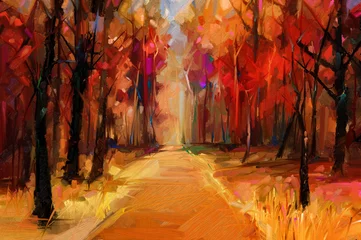 Fotobehang Baksteen Olieverfschilderij kleurrijke herfst bomen. Semi abstract beeld van bos, espbomen met geel - rood blad en meer. Herfst, herfst seizoen natuur achtergrond. Met de hand geschilderd impressionistisch, buitenlandschap