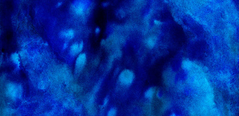 Water color ink painted cosmic neon light blue watercolor background. Paper textured aquarelle deep black canvas for creative design. Thunder storm lightning night sky texture multicolor illustration