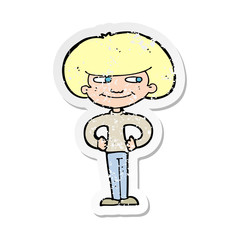 retro distressed sticker of a cartoon boy with hands on hips