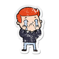 distressed sticker of a cartoon man crying
