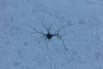 ice hole, frozen lake, aerial view
