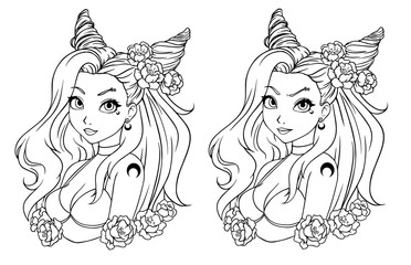 Pretty cartoon girl with wavy hair, wearing swimsuit and wreath. Hand drawn vector illustration.