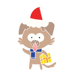 flat color illustration of a dog with christmas present wearing santa hat