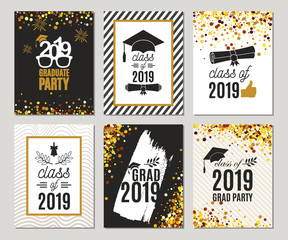Graduation Class of 2019 greeting cards set of six templates in gold colors. Vector party invitations. Grad posters. All isolated and layered