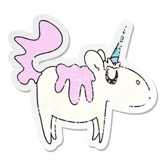 distressed sticker of a quirky hand drawn cartoon unicorn