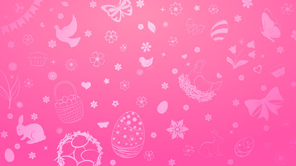 Background of eggs, flowers, cakes, hare, hen, chicken and other Easter symbols in pink colors