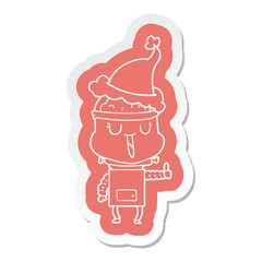 happy cartoon  sticker of a robot wearing santa hat