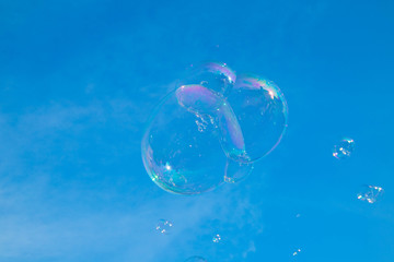 Soap bubbles in the air isolated on the blue sky 