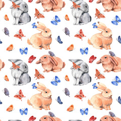 Watercolor pattern with cute Easter bunnies. Happy Easter.