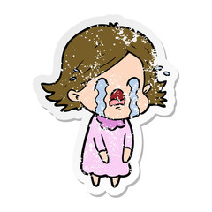 distressed sticker of a cartoon woman crying