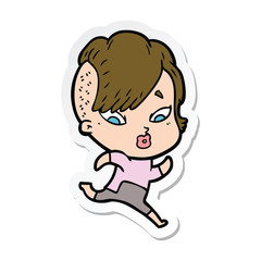 sticker of a cartoon surprised girl in science fiction clothes