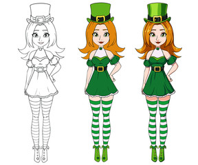 Cute cartoon girl wearing St. Patrick s day costume.