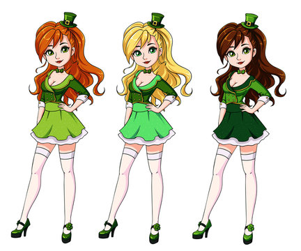 Set of three pretty girls wearing St. Patrick's day costume. Hand drawn colored illustration on white background. Can be used for coloring books, cards,