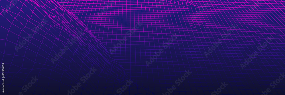 Poster digital landscape with mountains or hills made of line grid