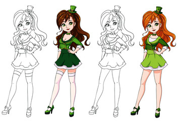 Pretty cartoon girl with red hair wearing leprechaun costume.