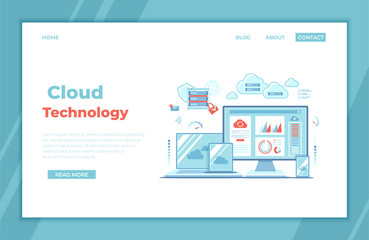 Cloud Technology Services Data Center Connection Hosting Server Database Synchronize Storage Login page and password on monitor screen, server, phone, tablet, laptop, infographic elements landing page