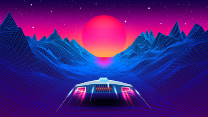 Arcade space ship flying to the sun in blue corridor or canyon landscape with 3D mountains, 80s style synthwave or retrowave scenic view