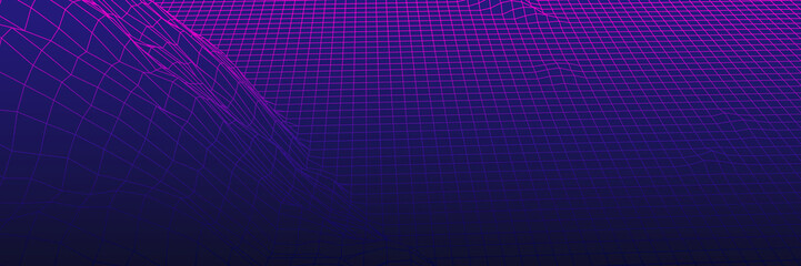 Digital landscape with mountains or hills made of line grid