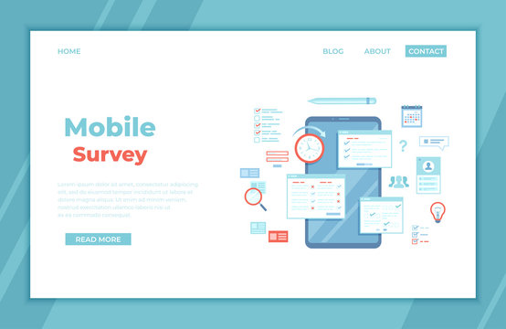 Online Survey Testing Questionnaire. Phone screen with online filling forms and check marks. Vote, checklist, examination, feedback service, customer support. landing page, banner