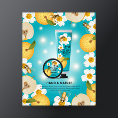 Honey Hand Cream and Lip Balm Packaging Design Skincare and Beauty Template for Ads or Magazine Background. Fruit and Flowers Vector Illustration.