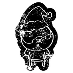 cartoon distressed icon of a happy bearded man wearing santa hat